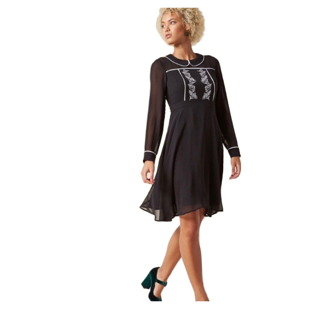MODCLOTH Embroidered Peter Pan Collar Fit & Flare Dress S